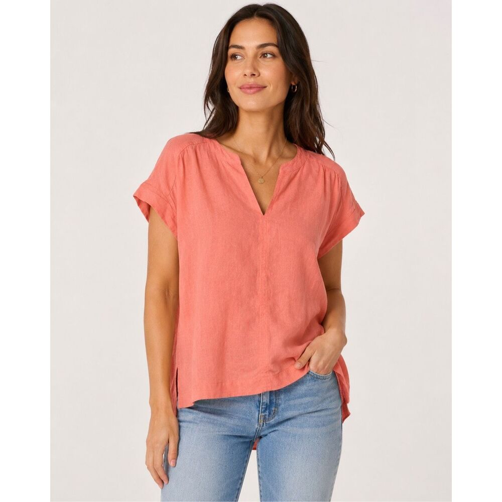 Splendid V-neck linen blend coral short sleeve top Medium #900